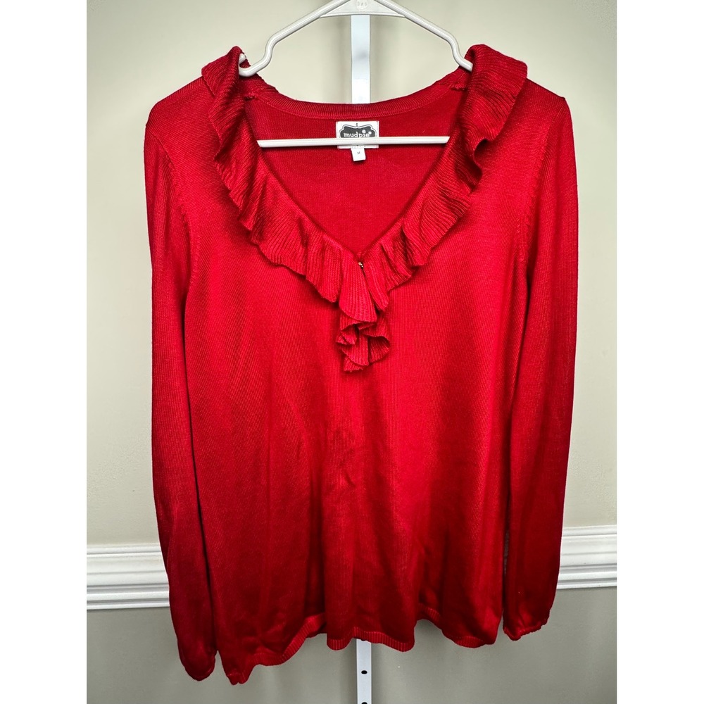 Mud Pie Red Ruffle Neck Long Sleeve Sweater Women's Medium